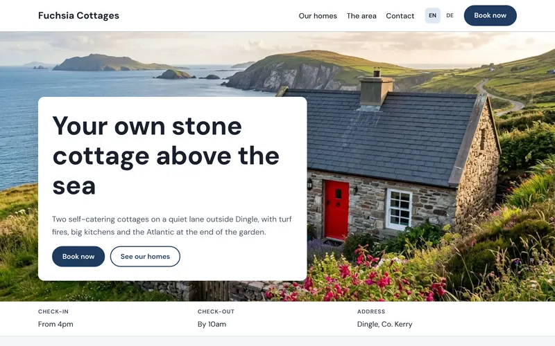After: the home page of Fuchsia Cottages, fictional holiday homes, rebuilt by SiteAfter, with a large photo, clear text and a Book now button.