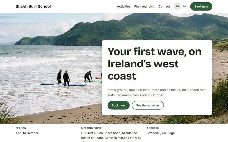 After: the home page of Sliabh Surf School, a fictional surf school, rebuilt by SiteAfter, with a large photo, clear text and a Book now button.