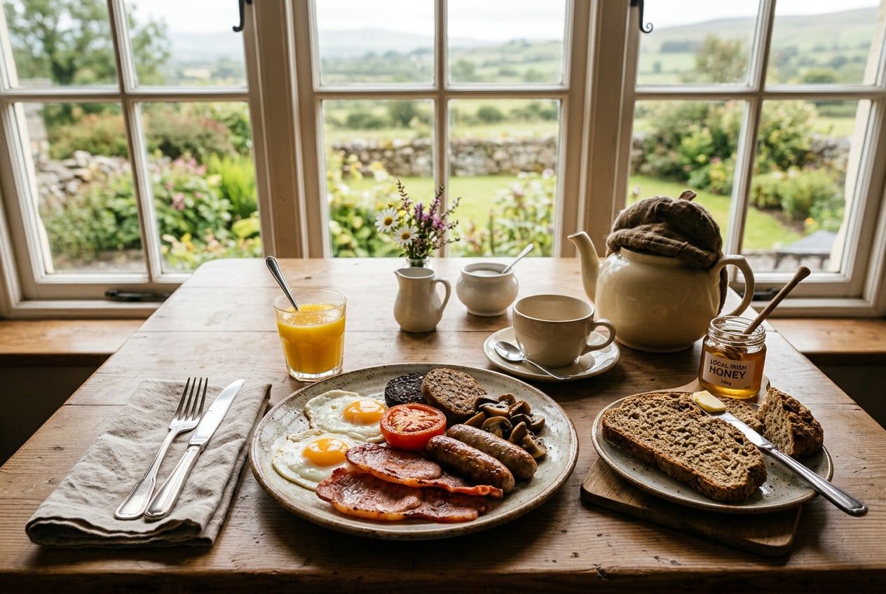 Breakfast table with brown bread and fresh eggs