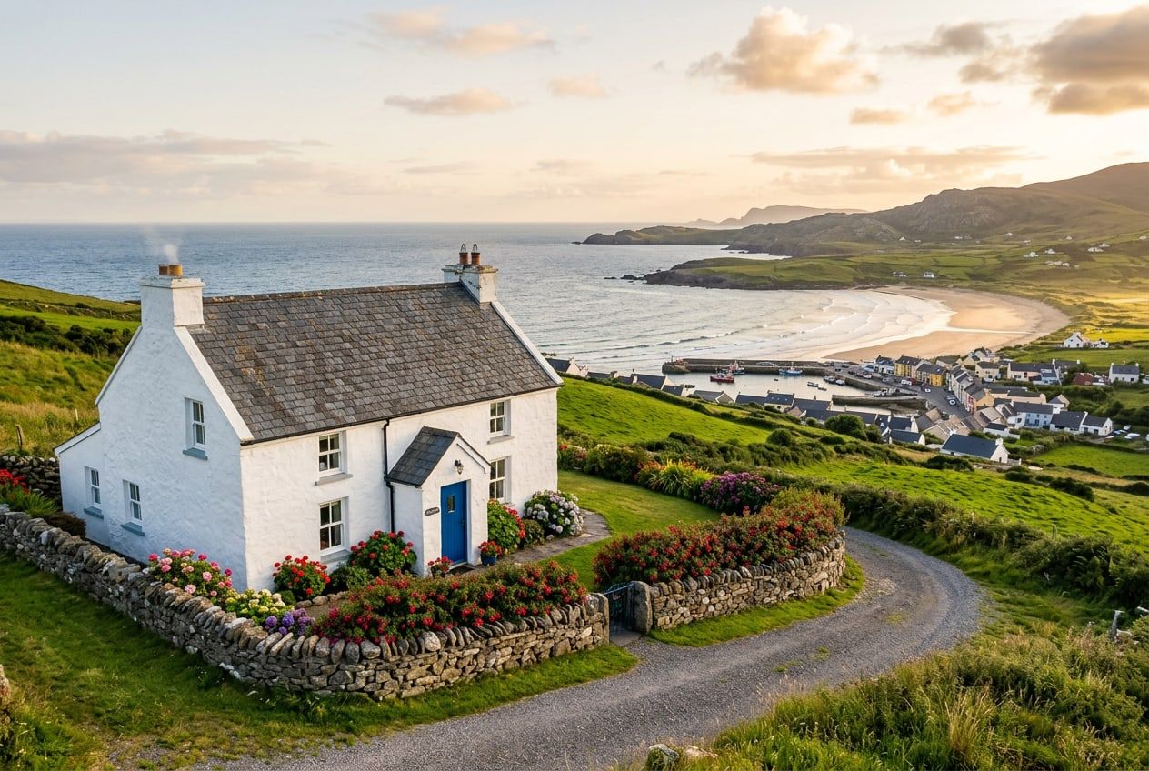 The house from the road, with the sea behind
