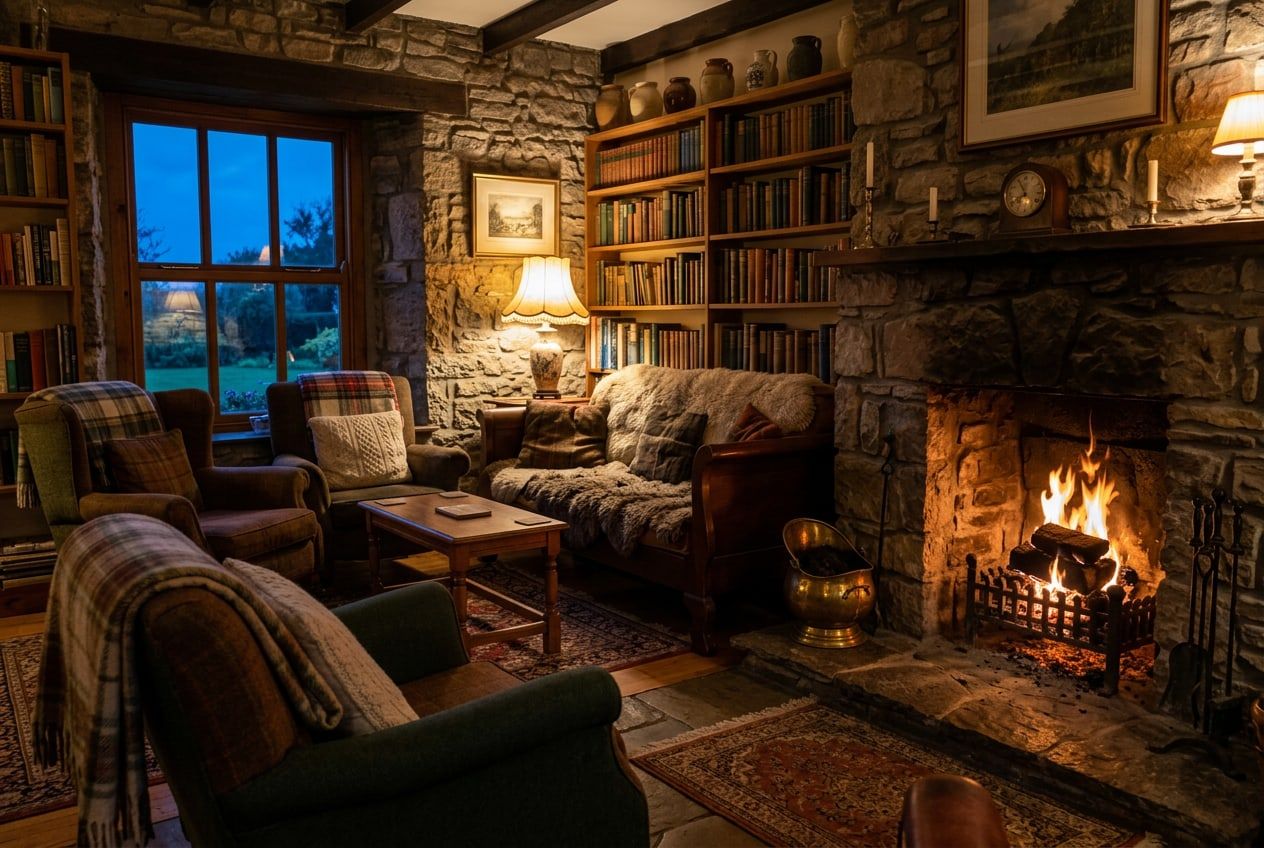 The guest lounge with a turf fire