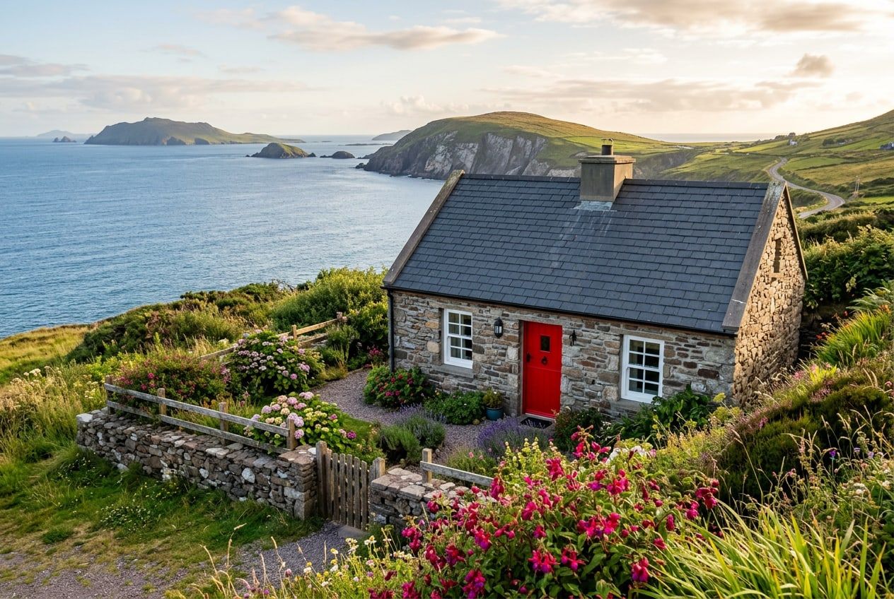 The stone cottage with its red door and the sea behind