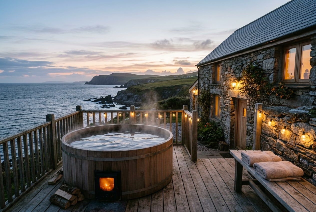 The hot tub on the terrace at dusk, facing the sea