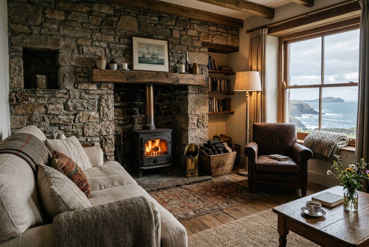 Living room with a turf fire and a sea view