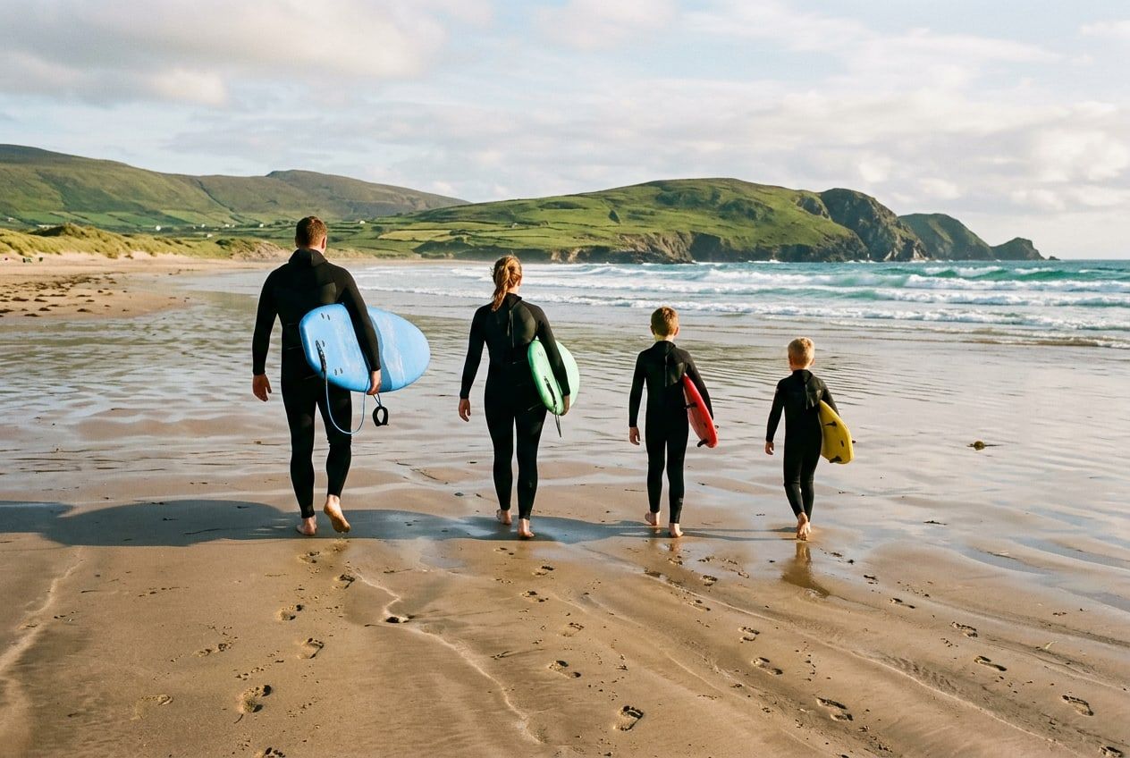 A family carrying their boards to the water