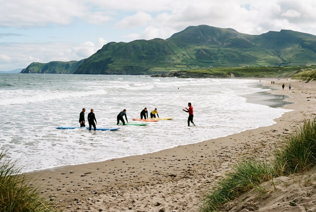 A surf lesson in the shallow water at Strandhill