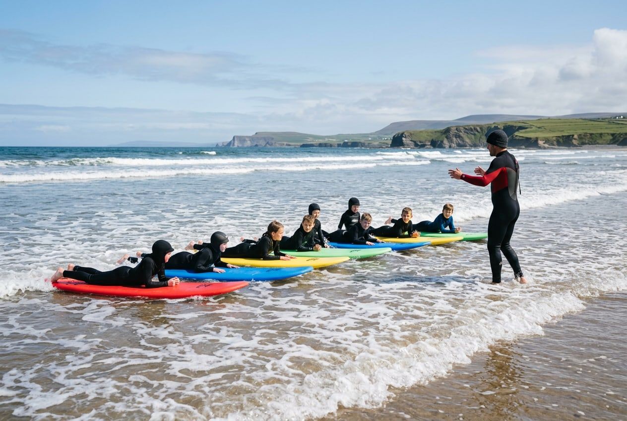 Children on soft boards in the shallows