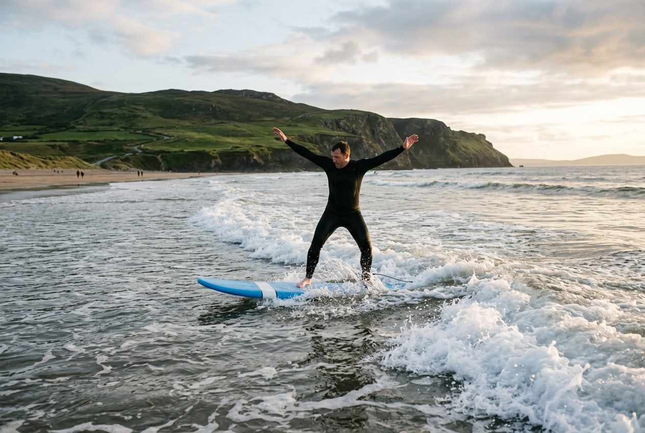A beginner standing up on a wave